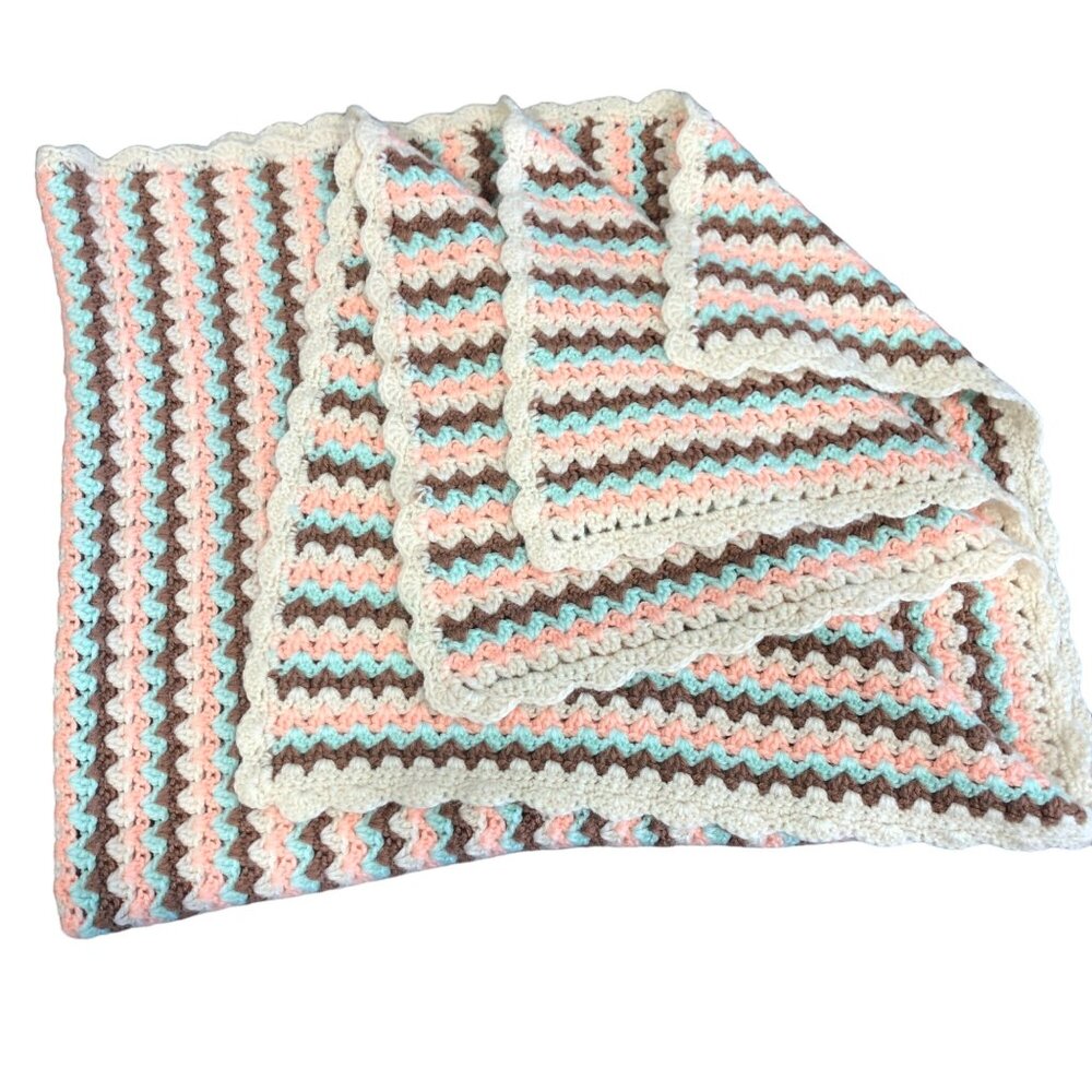 Handcrafted Crochet Blanket Brown Pink Blue Oatmeal Scalloped Edges 58x45